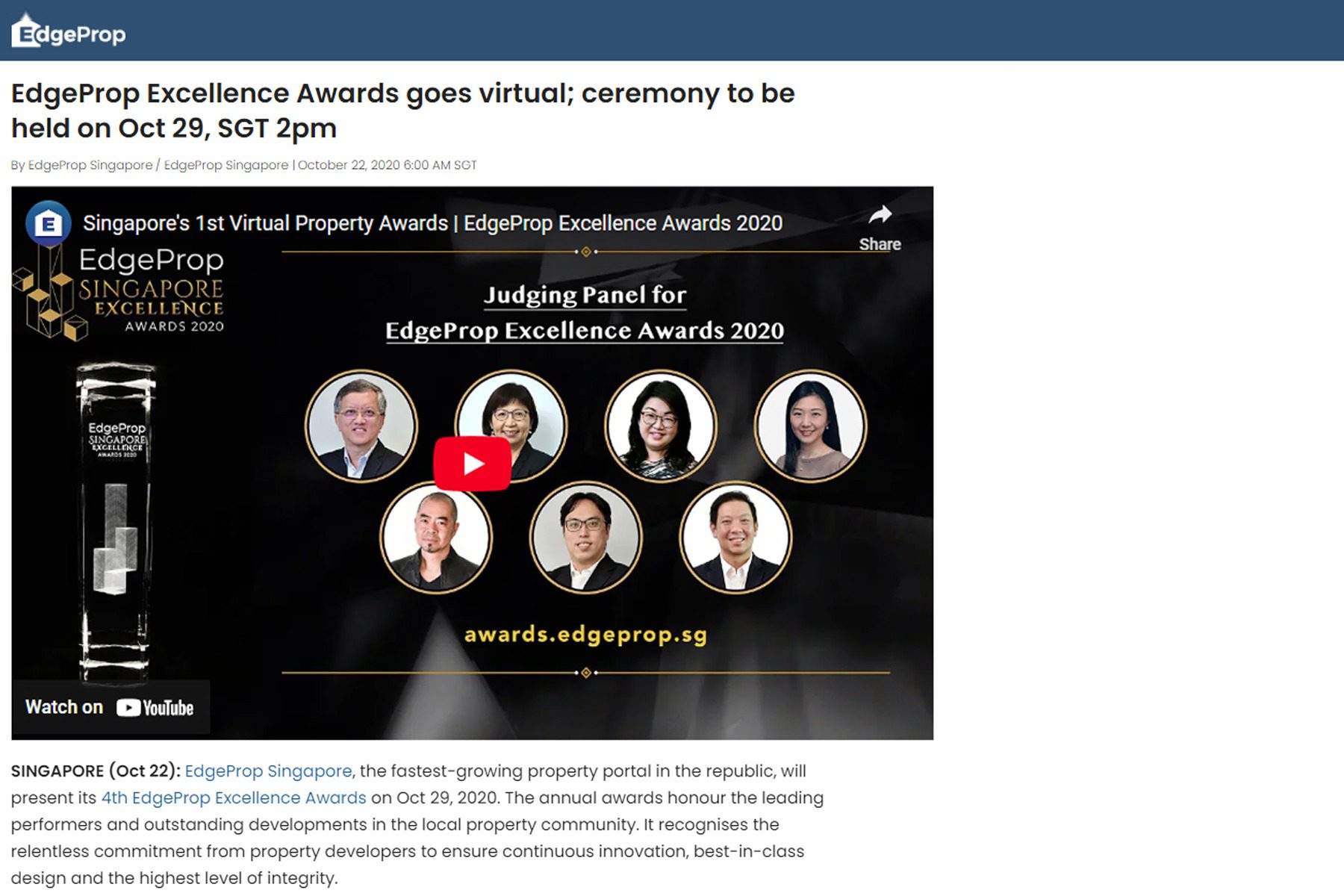EdgeProp Excellence Awards goes virtual; ceremony to be held on Oct 29, SGT 2pm