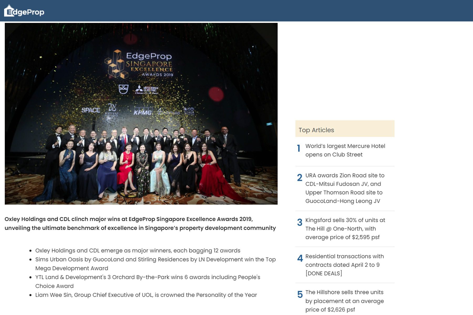Oxley Holdings and CDL clinch major wins at EdgeProp Singapore Excellence Awards 2019